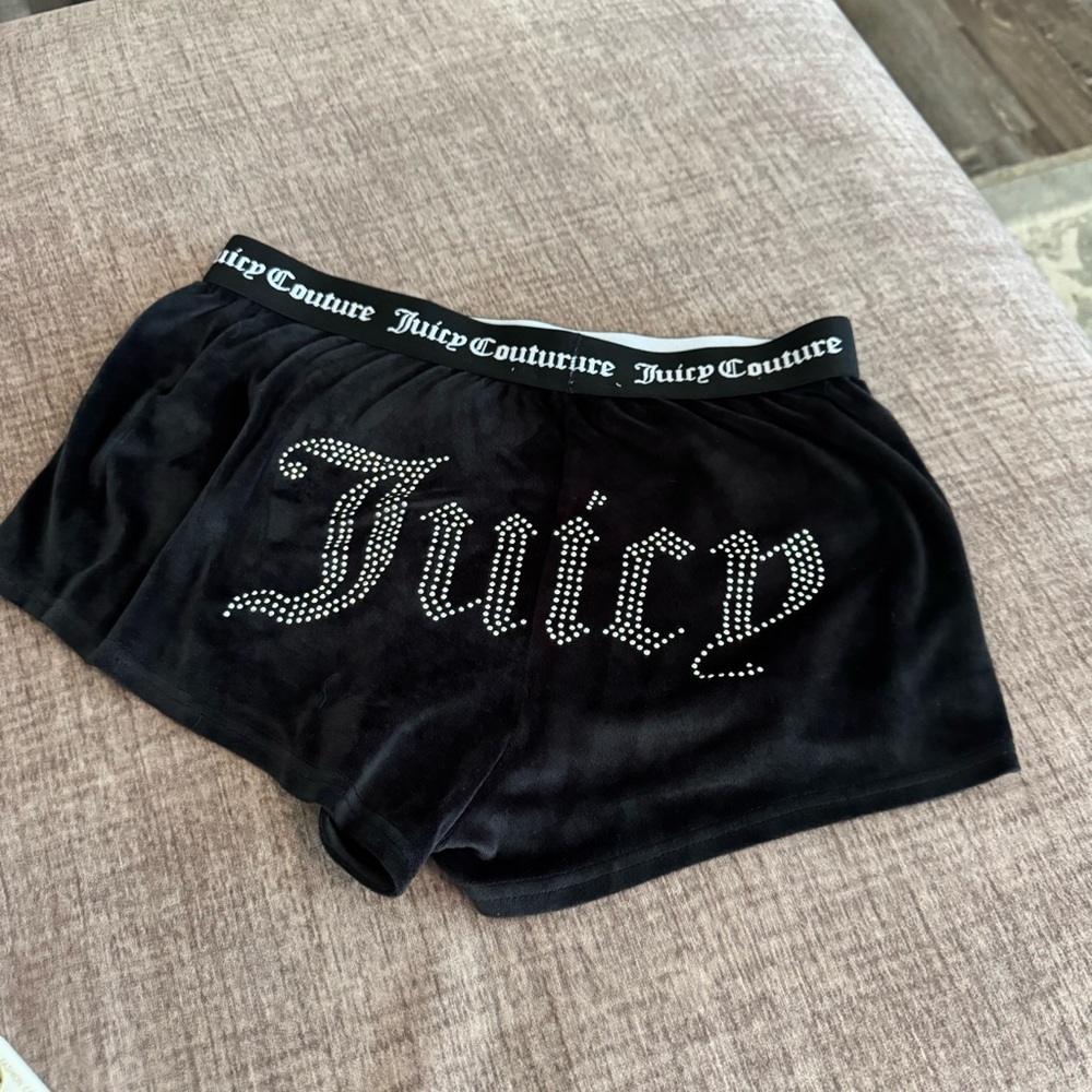 Juicy Couture Black Velour Rhinestone Logo Lounge Shorts